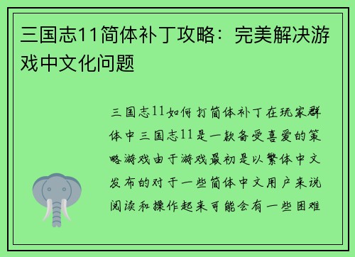 三国志11简体补丁攻略：完美解决游戏中文化问题