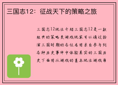 三国志12：征战天下的策略之旅