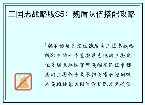 三国志战略版S5：魏盾队伍搭配攻略