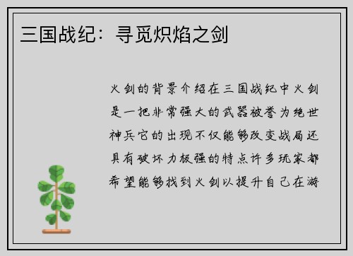 三国战纪：寻觅炽焰之剑
